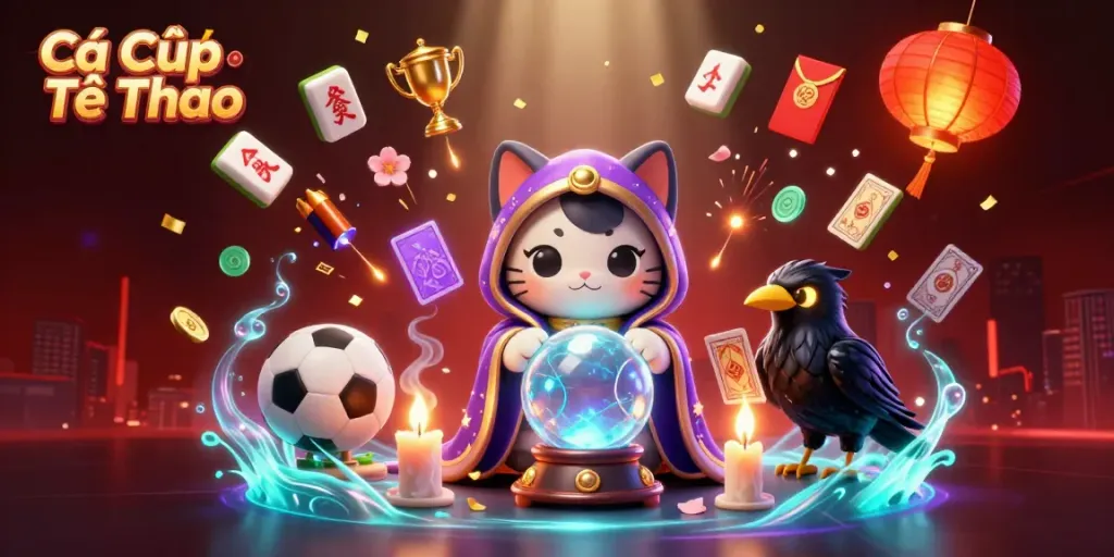 Engage with Cá Cược Thể Thao sports betting visuals featuring a mystical cat, raven, and dynamic gaming elements.