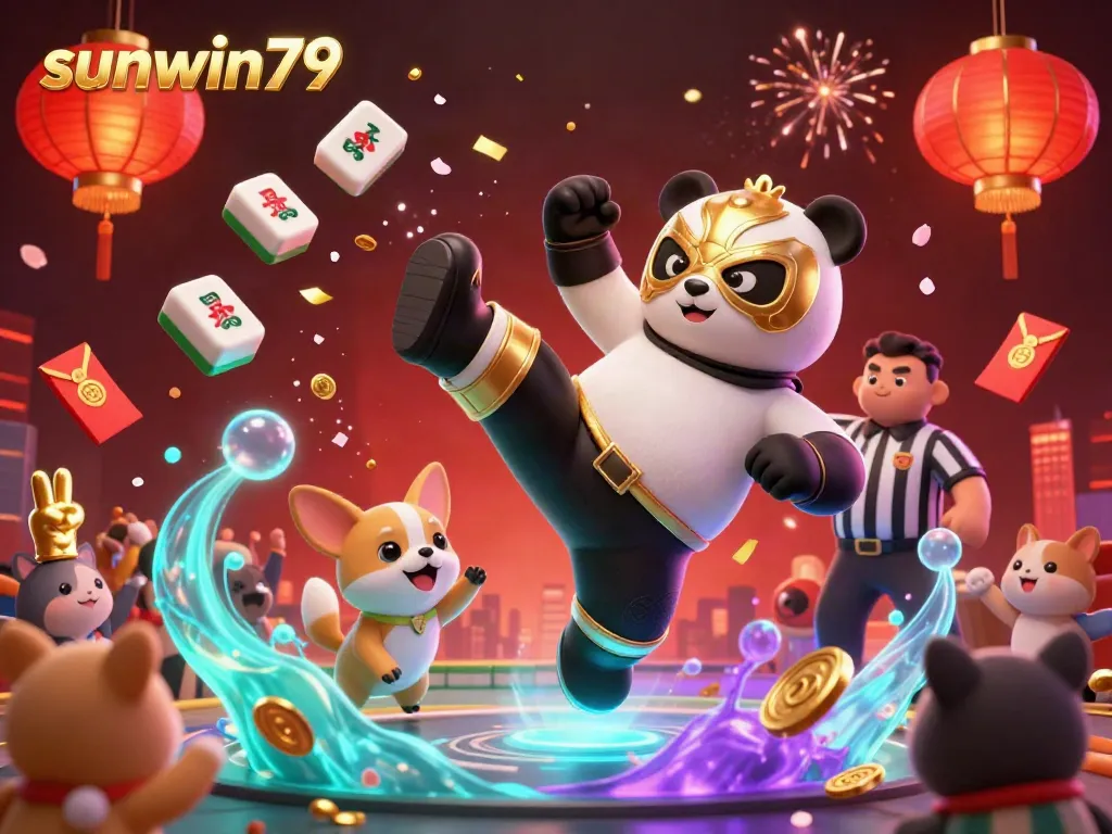 Experience exhilarating moments at sunwin79, featuring a dynamic panda wrestler and cheering fans in a vivid casino scene.