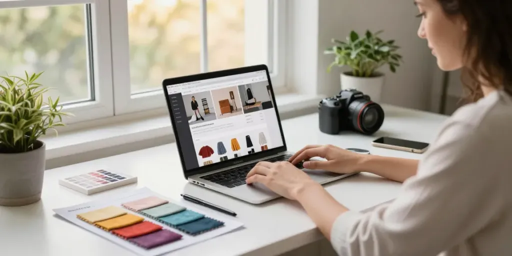 Creative workspace showcasing Produkte development for an e-commerce store.