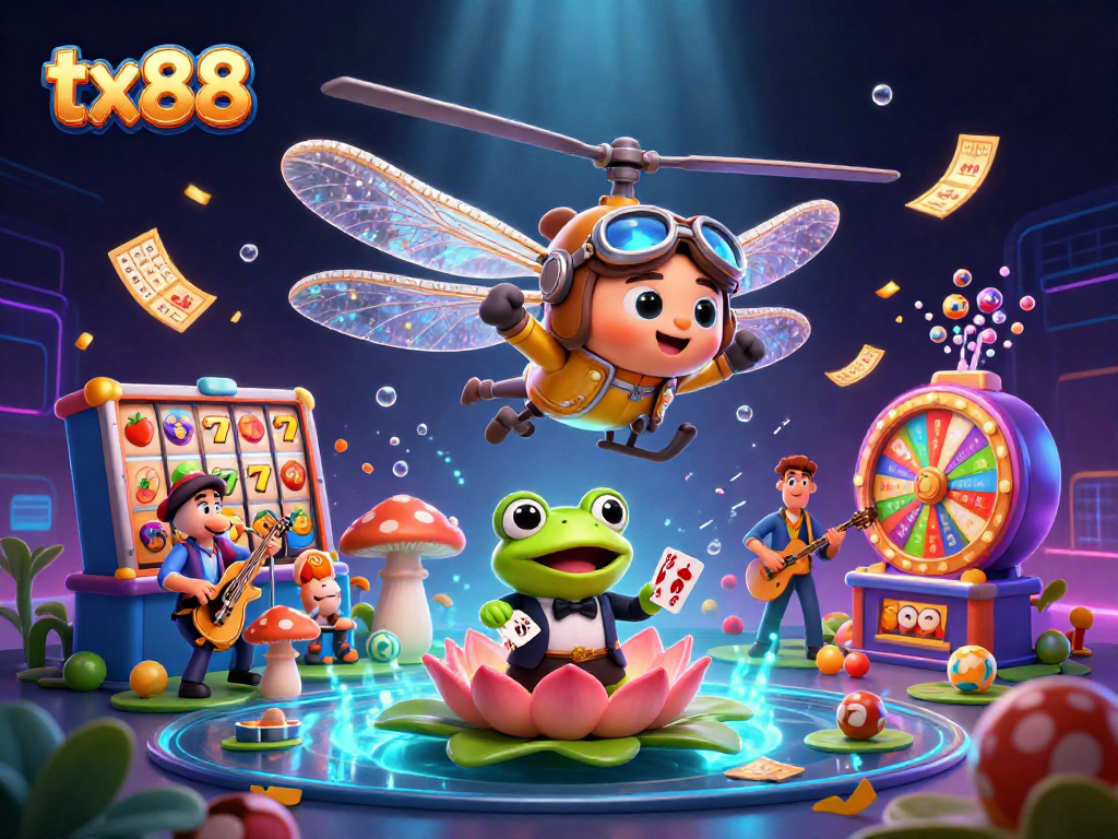 Engage with tx88's vibrant casino scene featuring a dragonfly pilot, frog croupier, and slot reels.