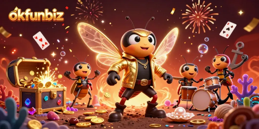 Engage with okfunbiz through a vibrant 3D casino scene featuring energetic characters and rich gaming elements.