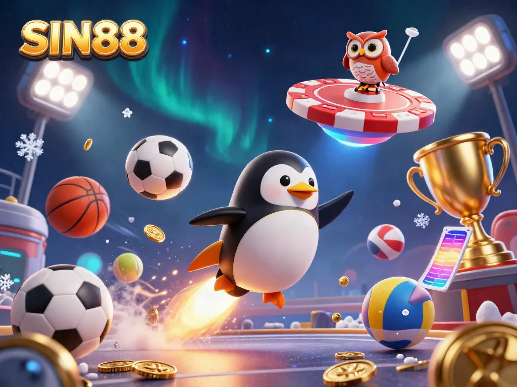 Join the cosmic adventure with SIN88, featuring a golden penguin heading towards a casino in space.