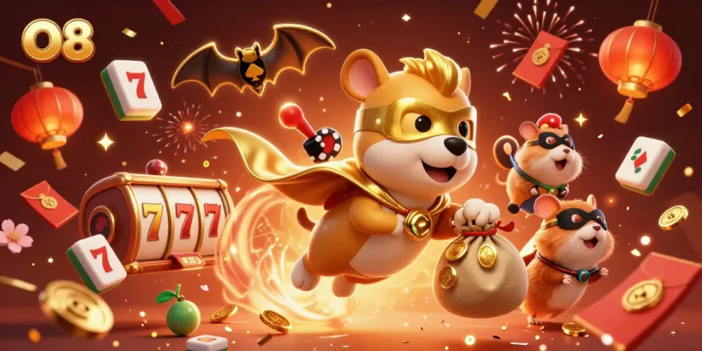 O8, the superhero dog carries gold coins while festive casino elements surround a vibrant scene.