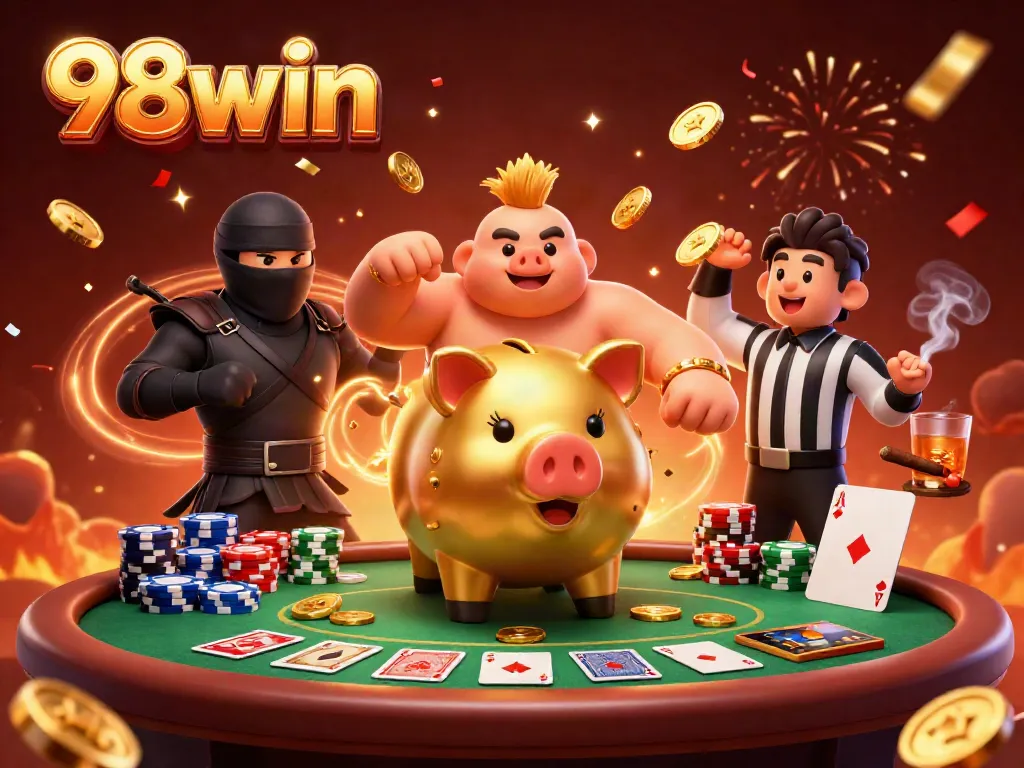 Engage with the dynamic '98win' casino scene featuring playful characters and vibrant game materials.