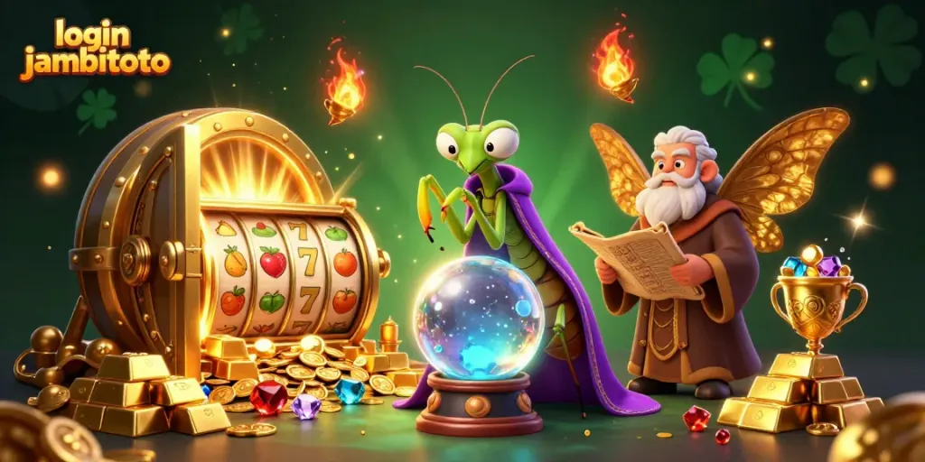 Engage with login jambitoto showcasing a vibrant 3D illustration of a fortune teller and librarian amidst casino elements.