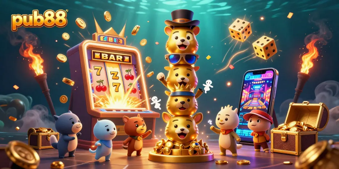 Experience the excitement of pub88 with a thrilling 3D casino scene featuring slot machines and jackpot elements.