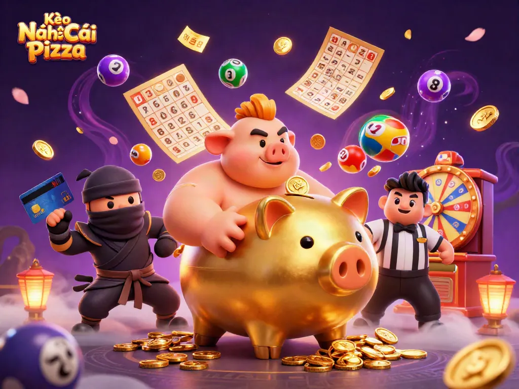 Kèo Nhà Cái Pizza in an energetic scene with a golden piggy bank sumo wrestler, wallet-ninja, and credit-card referee.