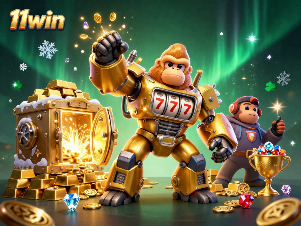 Engage in thrilling slots action at 11win with vibrant 3D gorilla mech and treasures.