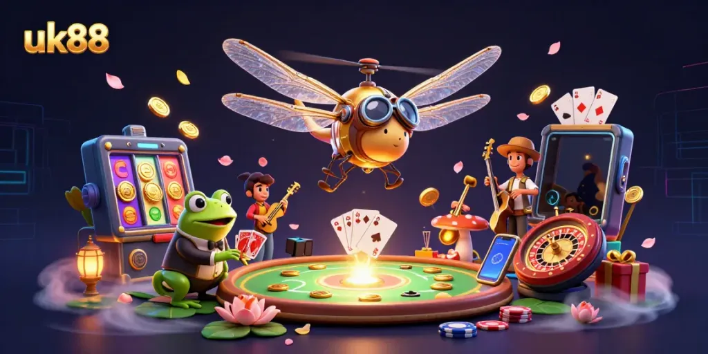 Experience thrilling moments at uk88, featuring vibrant gaming elements and dynamic characters in a lively casino scene.
