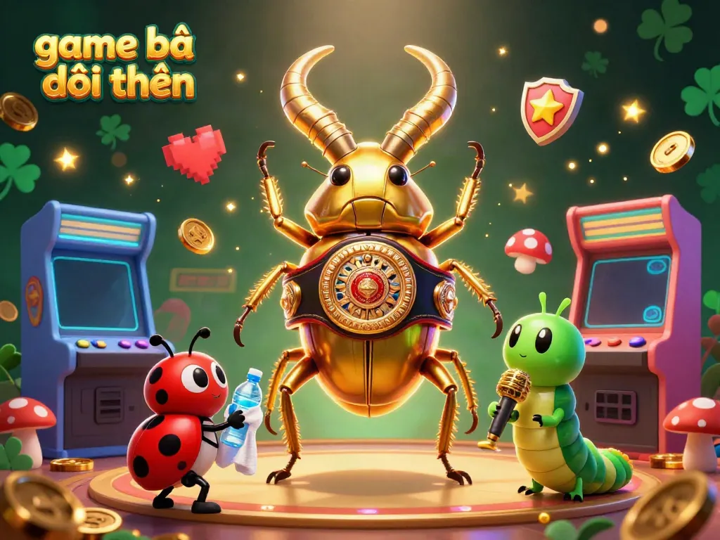 Engage with game bài đổi thưởng in this vibrant 3D scene featuring arcade-style games and lively characters.