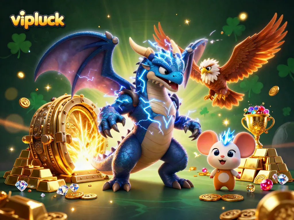Experience the thrill of vipluck casino with powerful characters amidst a treasure-filled scene.