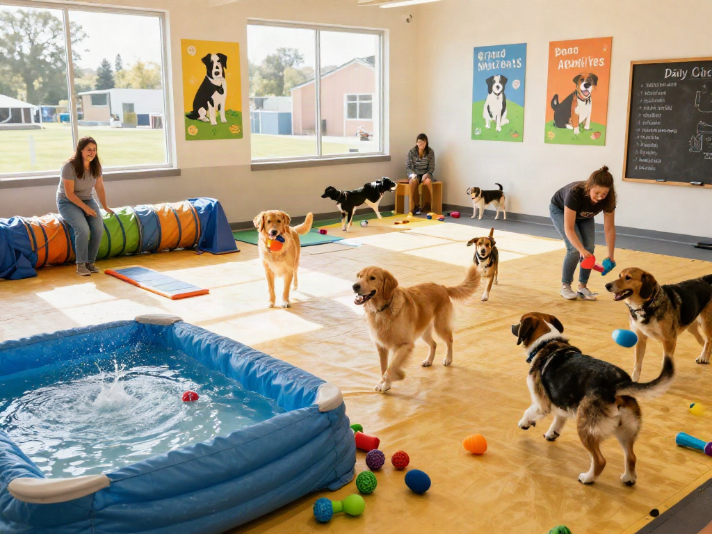 Dogs joyfully playing at a dog daycare center, illustrating slot88 services with bright colors and engaging activities