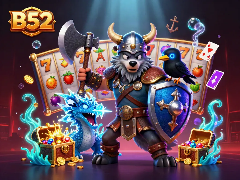 B52 slots warrior scene featuring a Viking wolf, dragon, and glowing treasures