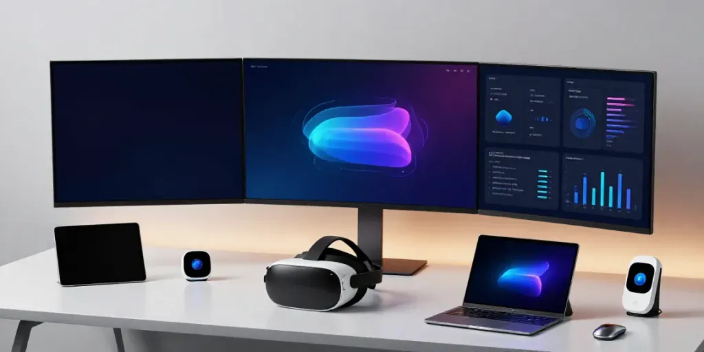 Stylische Gadgets in einem modernen Entwicklerarbeitsplatz mit innovativer Technologie
