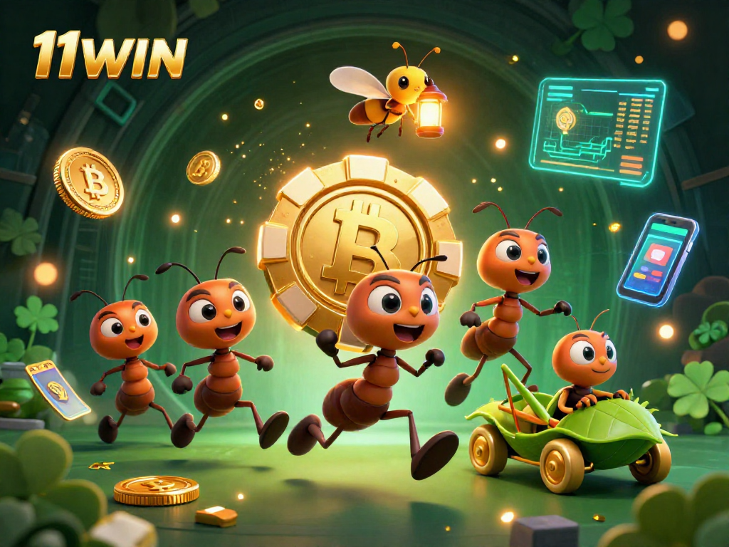 11WIN showcases a 3D team of ants carrying a giant poker chip, captivating online casino action.