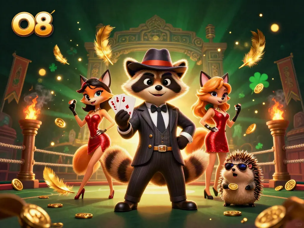 Experience thrilling games at O8 with a suave raccoon and elegant fox in 3D casino action.