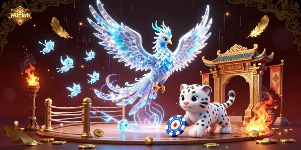 Experience excitement at Hitclub with an enchanting ice phoenix and playful features amidst vibrant casino elements.