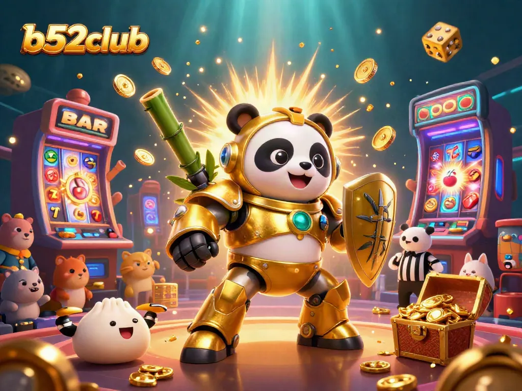 b52club engages players with a vibrant casino scene featuring a golden panda robot piloting a jackpot explosion.