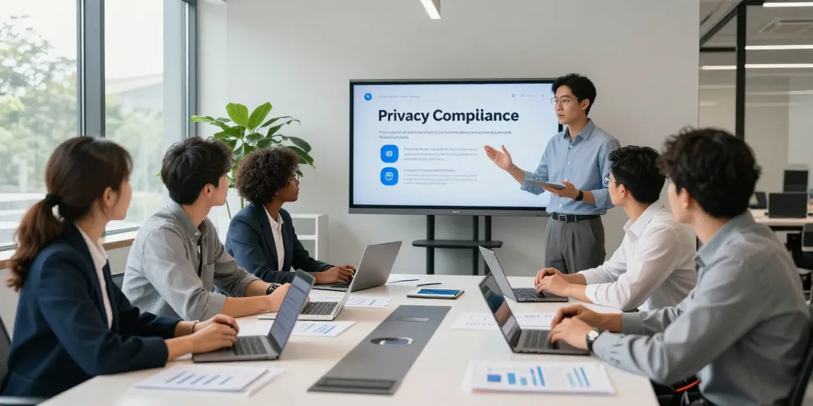 A collaborative team meeting on privacy compliance strategies at Startseite, showcasing data protection initiatives in a modern office environment.