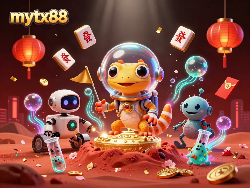 Experience excitement at mytx88 with a Martian gecko exploring a golden casino under alien cheers.