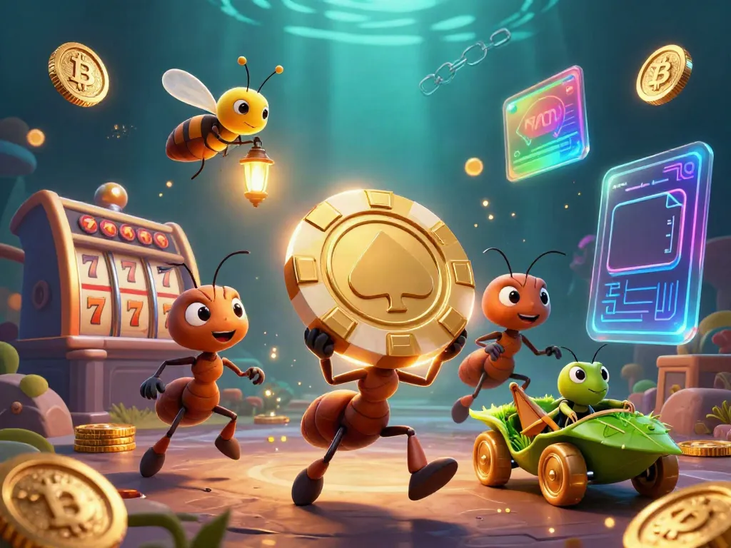 Engage with s666 adventures as ants carry a massive poker chip through a vibrant casino heist scene.