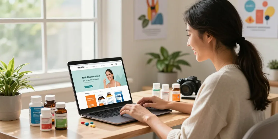 Medi Pharma Shop Online-Einkaufserlebnis mit lebendigen Gesundheitsprodukten und einem zufriedenen Kunden.