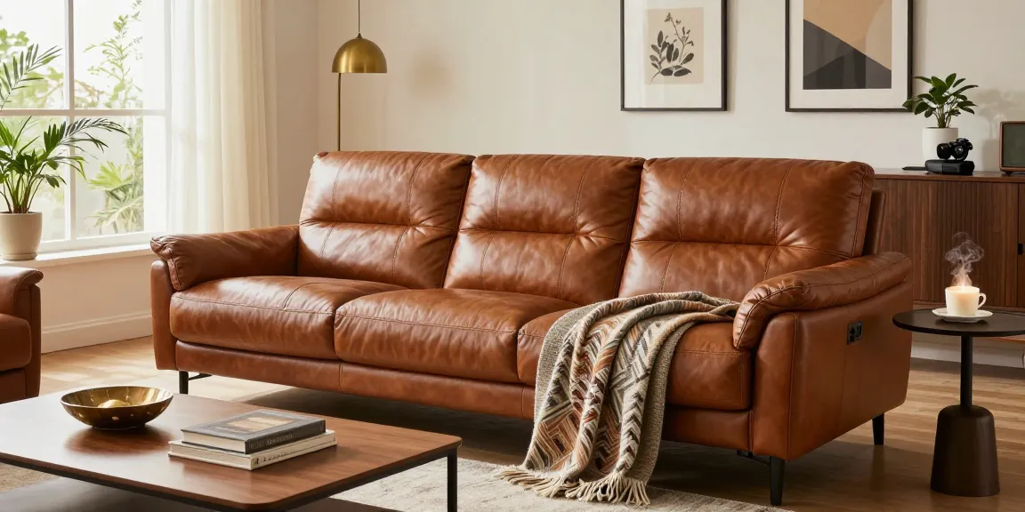 Luxuriöses Baxter Ledersofa in einem stilvollen Wohnzimmer, das mit natürlichem Licht und elegantem Dekor gefüllt ist.