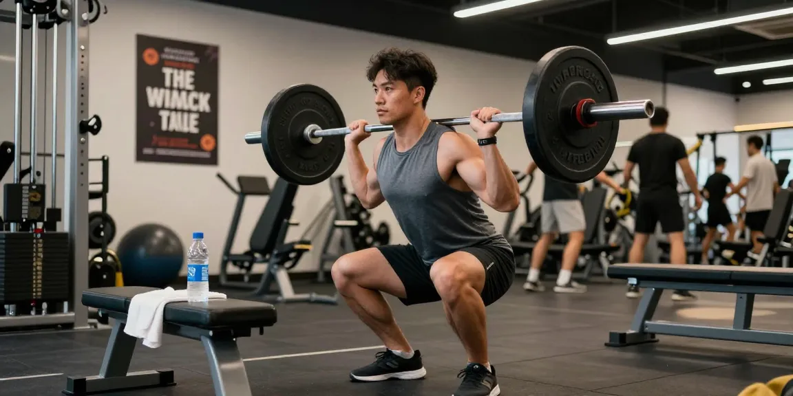 Anabolika Shop Deutschland - Athletischer Mann, der in einem lebhaften Fitnessstudio squattet und Fitnessengagement sowie Gemeinschaft zeigt.