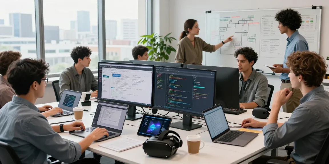 Ein Team arbeitet gemeinsam an der Webanwendung Beauftragung in einem modernen Büro mit technischen Geräten und Programmieranzeigen.