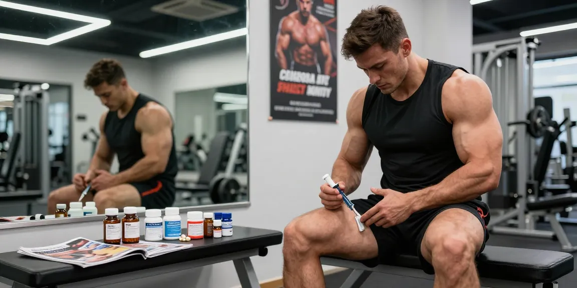 Anabolika-Shop-Szene, die einen Bodybuilder zeigt, der selbstbewusst injizierbare Steroide in einem modernen Fitnessstudio verwendet und originale anabole Produkte präsentiert.