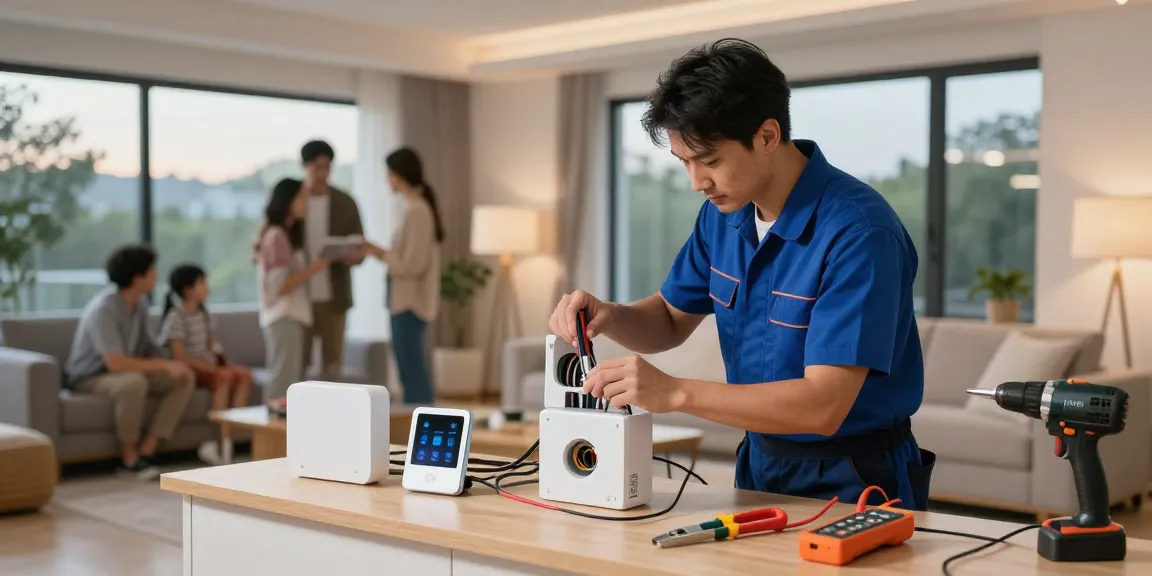Elektriker in der Umgebung installiert moderne Smart-Home-Technologie in einem hellen Wohnzimmer.