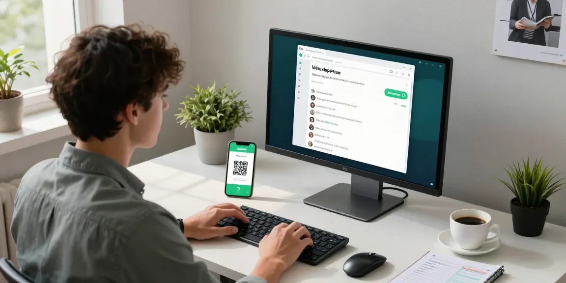 Using WhatsApp電腦版 on a professional workspace setup, featuring a monitor and smartphone.
