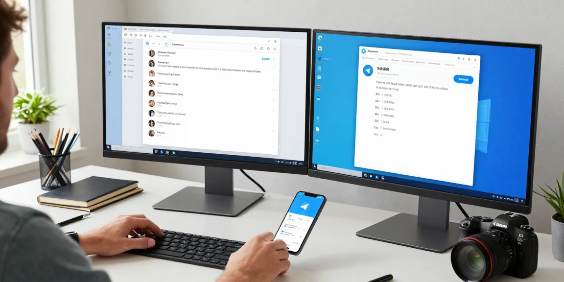 Switching Telegram中文 settings on a modern desktop setup with dual monitors and stationery.