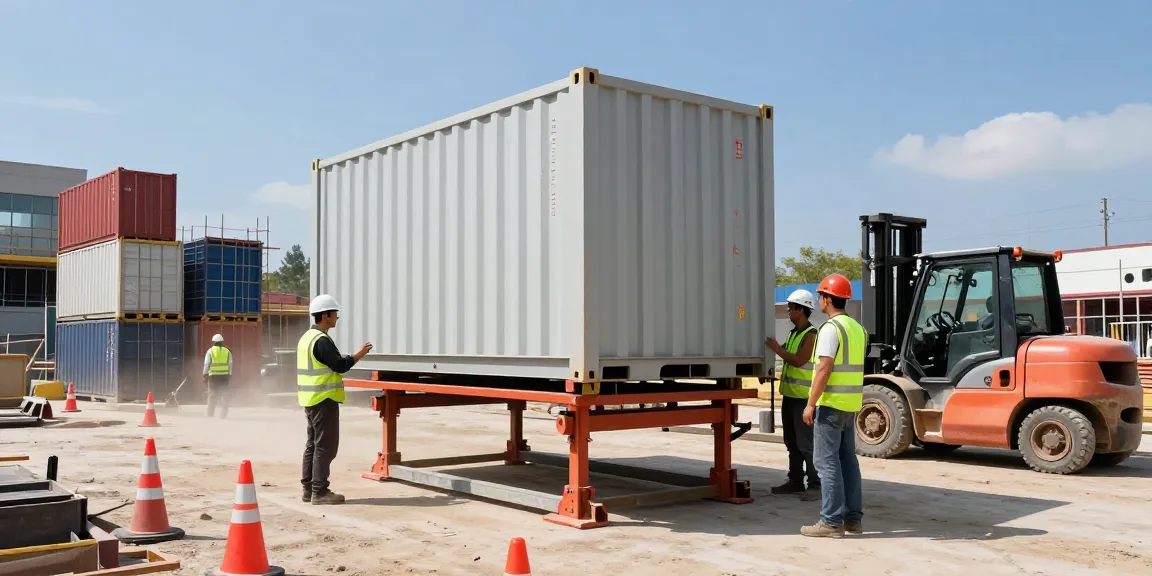 Mobile Fundament für Materialcontainer auf Baustelle mit Bauarbeitern und Maschinen im Einsatz.