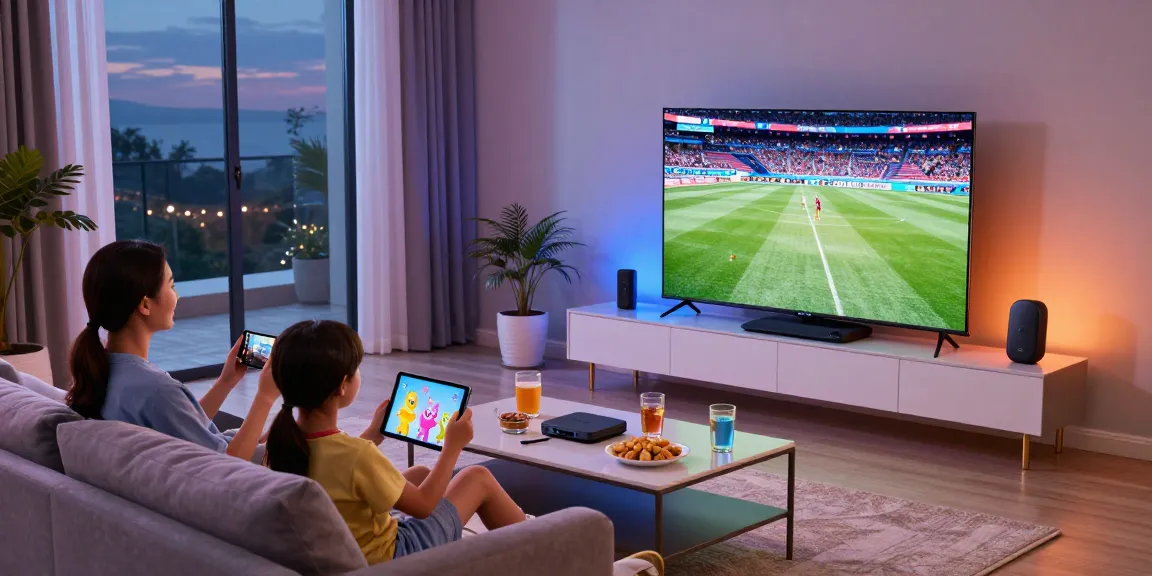 Familie genießt IPTV kaufen in modernem Wohnzimmer mit Smart TV und Tablets.