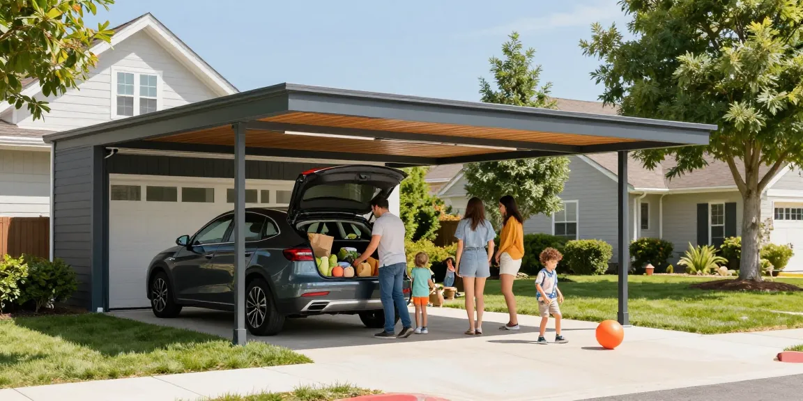 Carport in einem modernen Wohngebiet, Familie entlädt Einkäufe unter dem Carport.