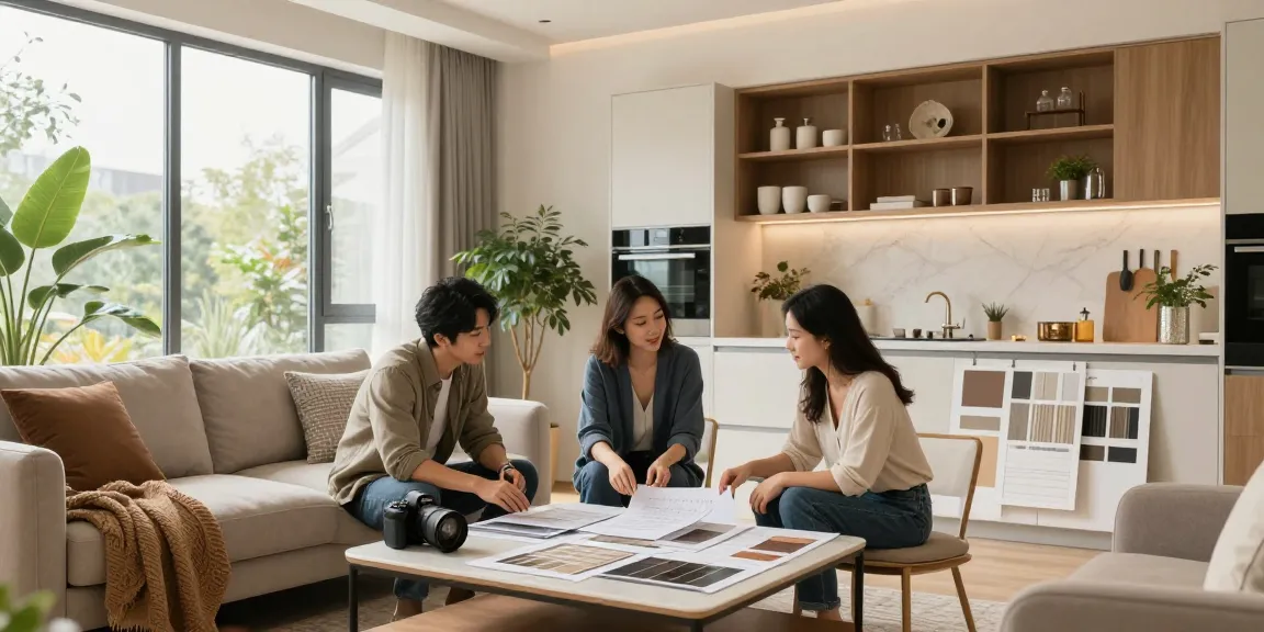 Innenausbau Augsburg: Designer bespricht Küchenumgestaltung mit Hausbesitzern in modernem Wohnraum.