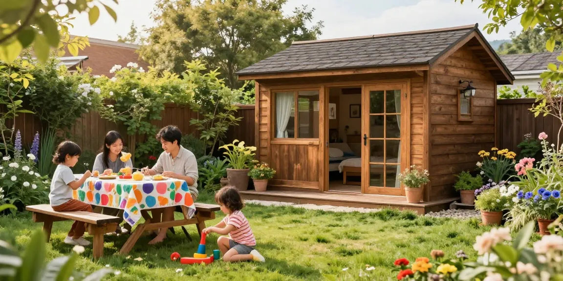 Gemütliches Gartenhaus aus Holz, umgeben von blühenden Pflanzen und spielenden Kindern.