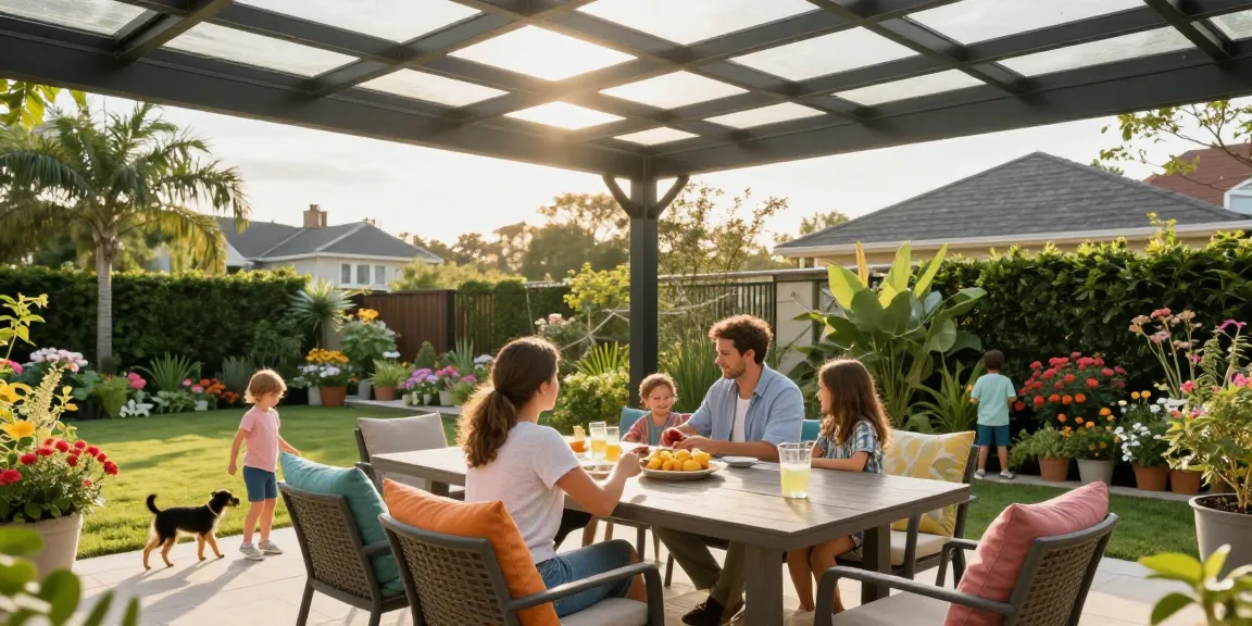 Familie unter einer freistehenden Terrassenüberdachung, gemütlicher Außenbereich mit Garten.