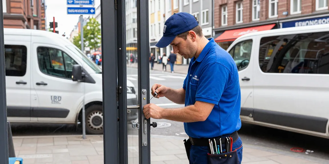 Professioneller Schlüsseldienst Hamburg bei der Türöffnung mit Spezialwerkzeugen in einer lebhaften Stadtumgebung.