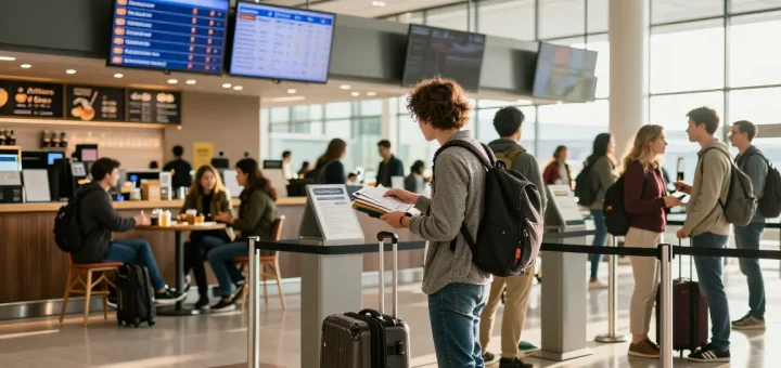Wichtige Aspekte des Pre-Travel Legal Checks im Flughafenumfeld mit Reisenden.