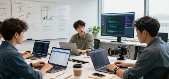 Edimakor KI Singen Bild in einem kreativen Entwicklungsbüro, Team von Ingenieuren und Tablets.