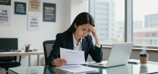 Stress mit Chef erkennen: Geschäftsmann in modernem Büro schaut angespannt auf Bildschirm.