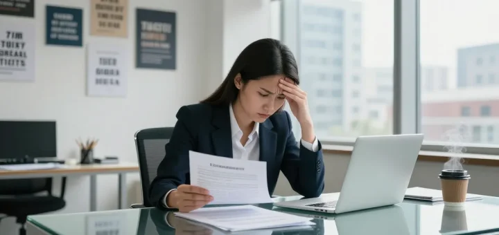 Stress mit Chef erkennen: Geschäftsmann in modernem Büro schaut angespannt auf Bildschirm.